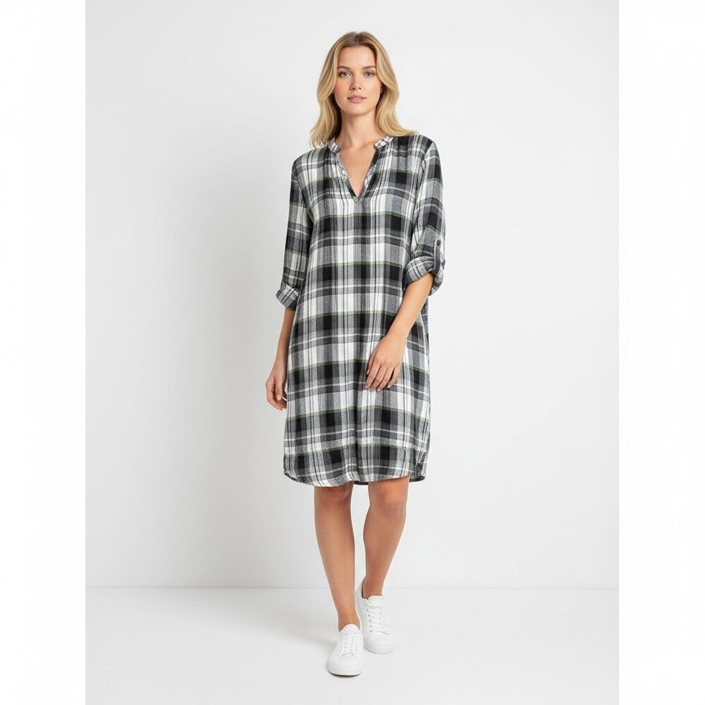 CP Shades Plaid Cotton Tunic Top S Black Gray Pintuck Made USA